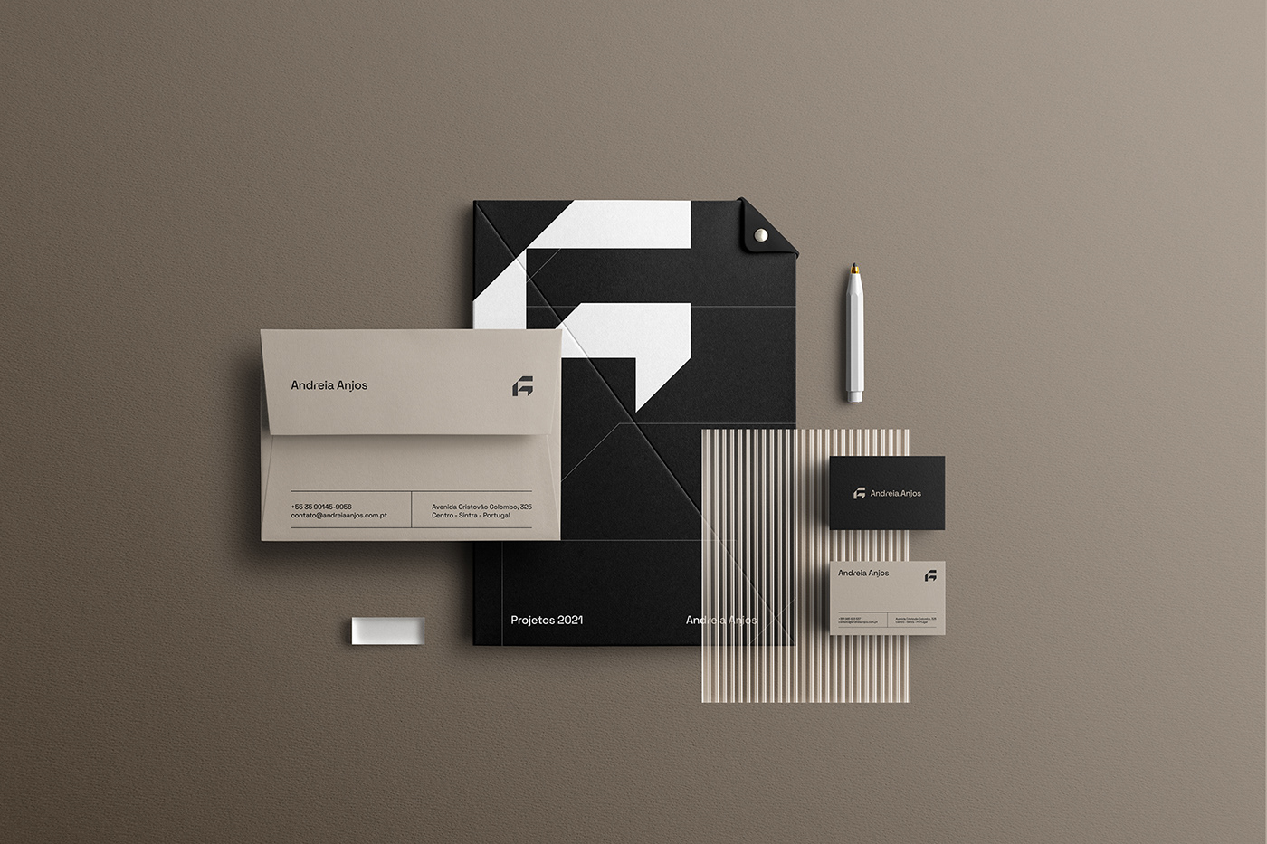 branding and visual identity artifact and material for architecture firm Andreia Anjos by Luiz Design