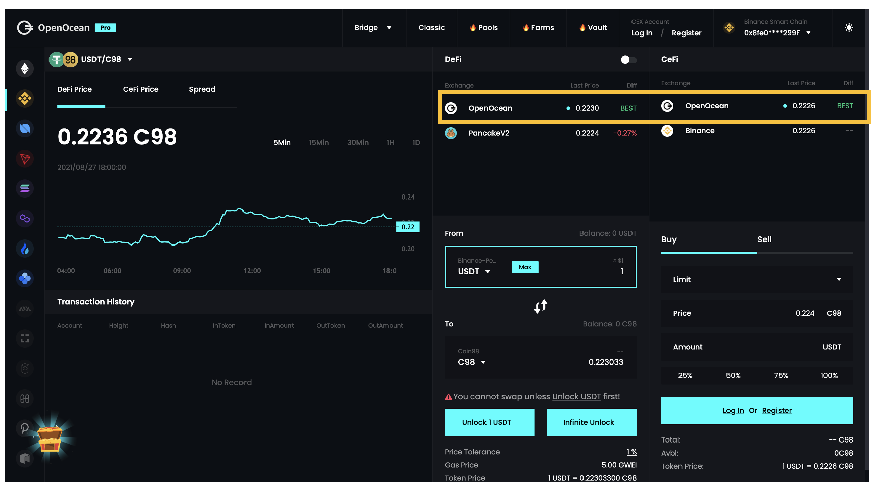 Enter swap amount, view best price in DeFi and CeFi sections