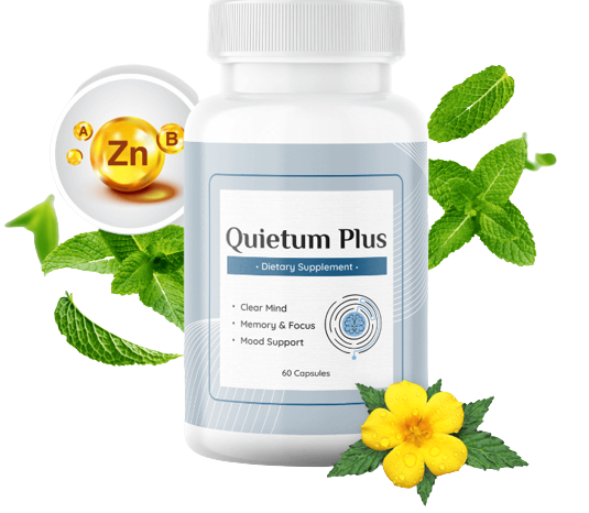 A single bottle image of Quietum Plus Tinnitus Relief Supplement.