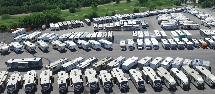 Aerial view of RV dealer lot.