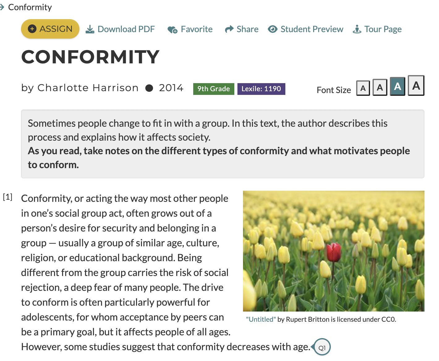 A screenshot of the passage "Conformity" by Charlotte Harrison