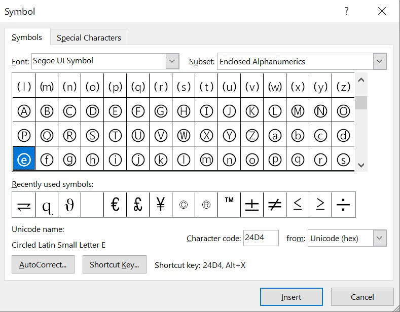 searching for lowercased Circled E symbols using the character code