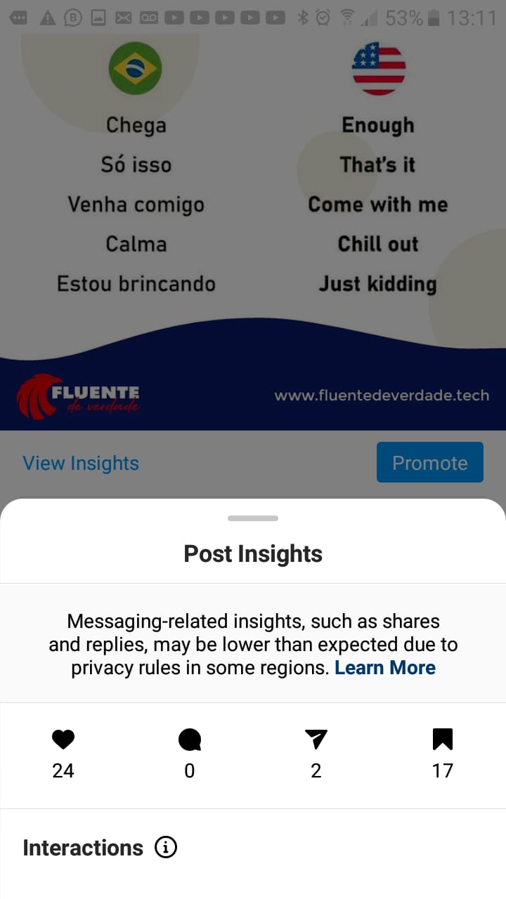 Página de insights de postagens no Instagram- Blu Marketing Digital