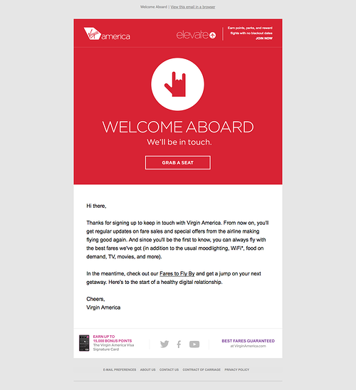 Virgin America welcome email example.