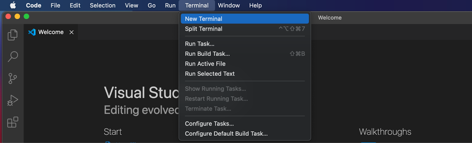 Visual Studio Code opening a new terminal.