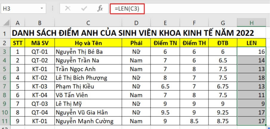 cách dùng hàm len excel đơn giản