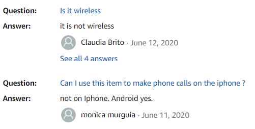 Answers for questions posted on Amazon