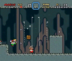 Animation of Super Mario World, with guide lines overlaid showing the boundaries of camera movement. The camera follows Mario at an anchor point and shifts to a different anchor point as he turns and runs.