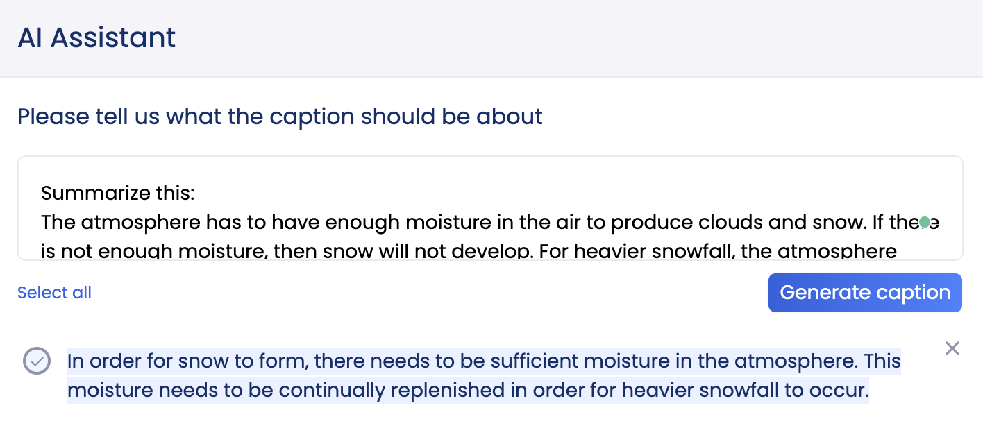 Vista Social AI writing assistant summarizes what makes snow fall