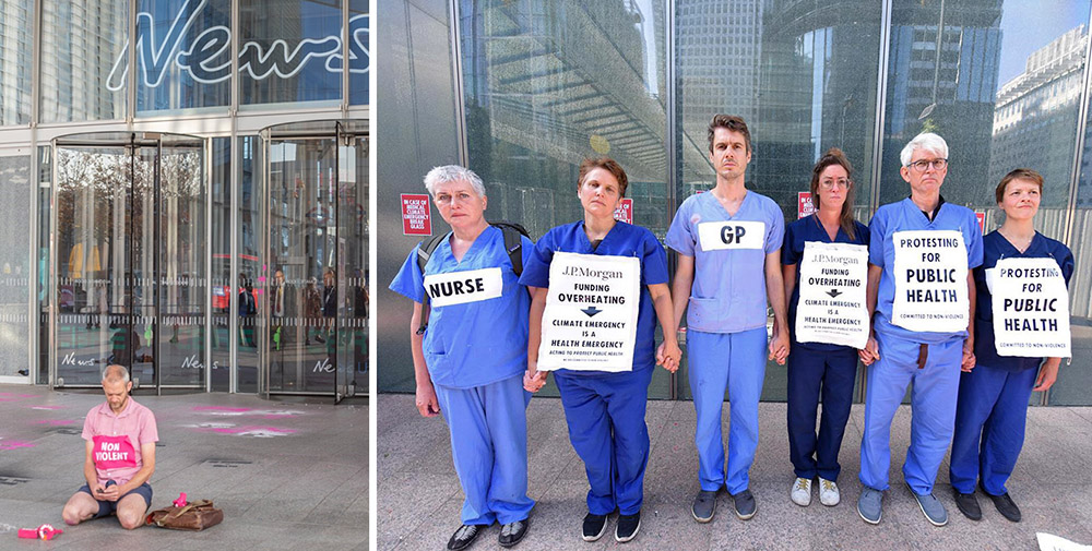 Left: rebe; with a t-shirt saying Non-Violent sits outside office entrance. Right: six doctors and nurses in scrubs stand with placards around their necks