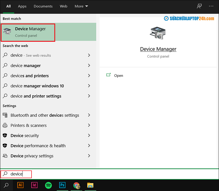 Tìm kiếm và chọn Device Manager