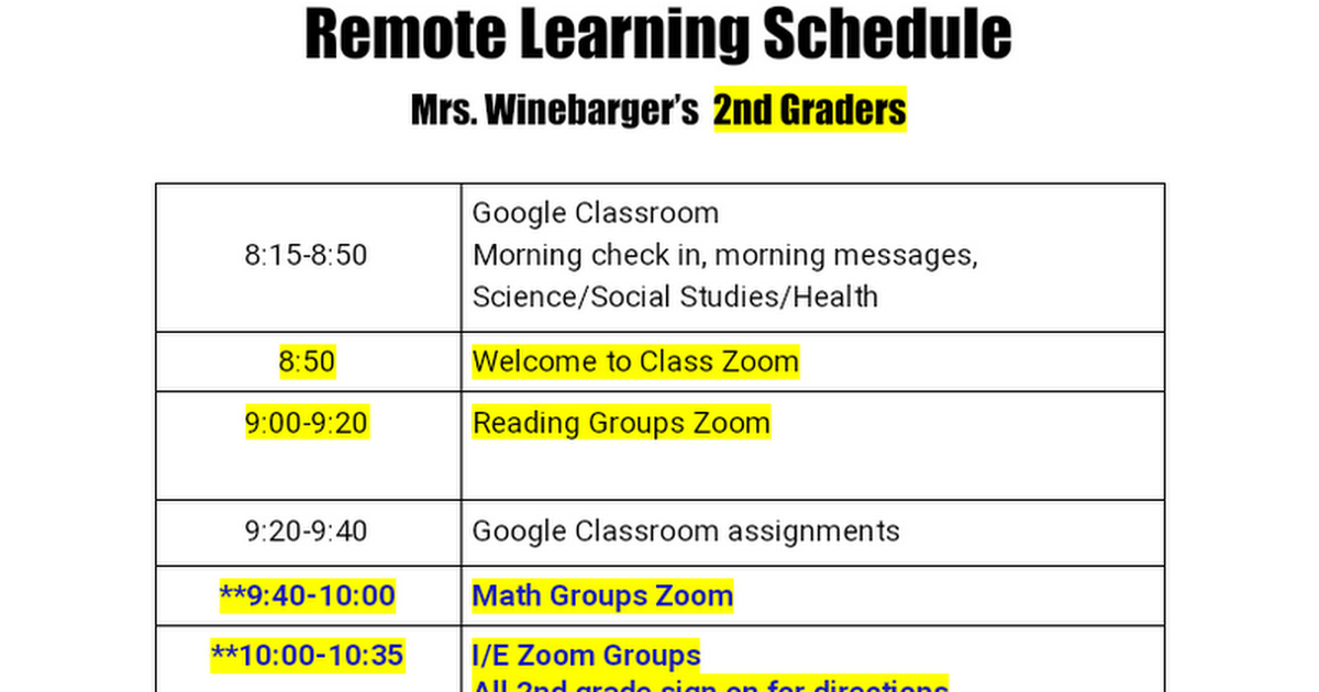 2nd Grade Schedule