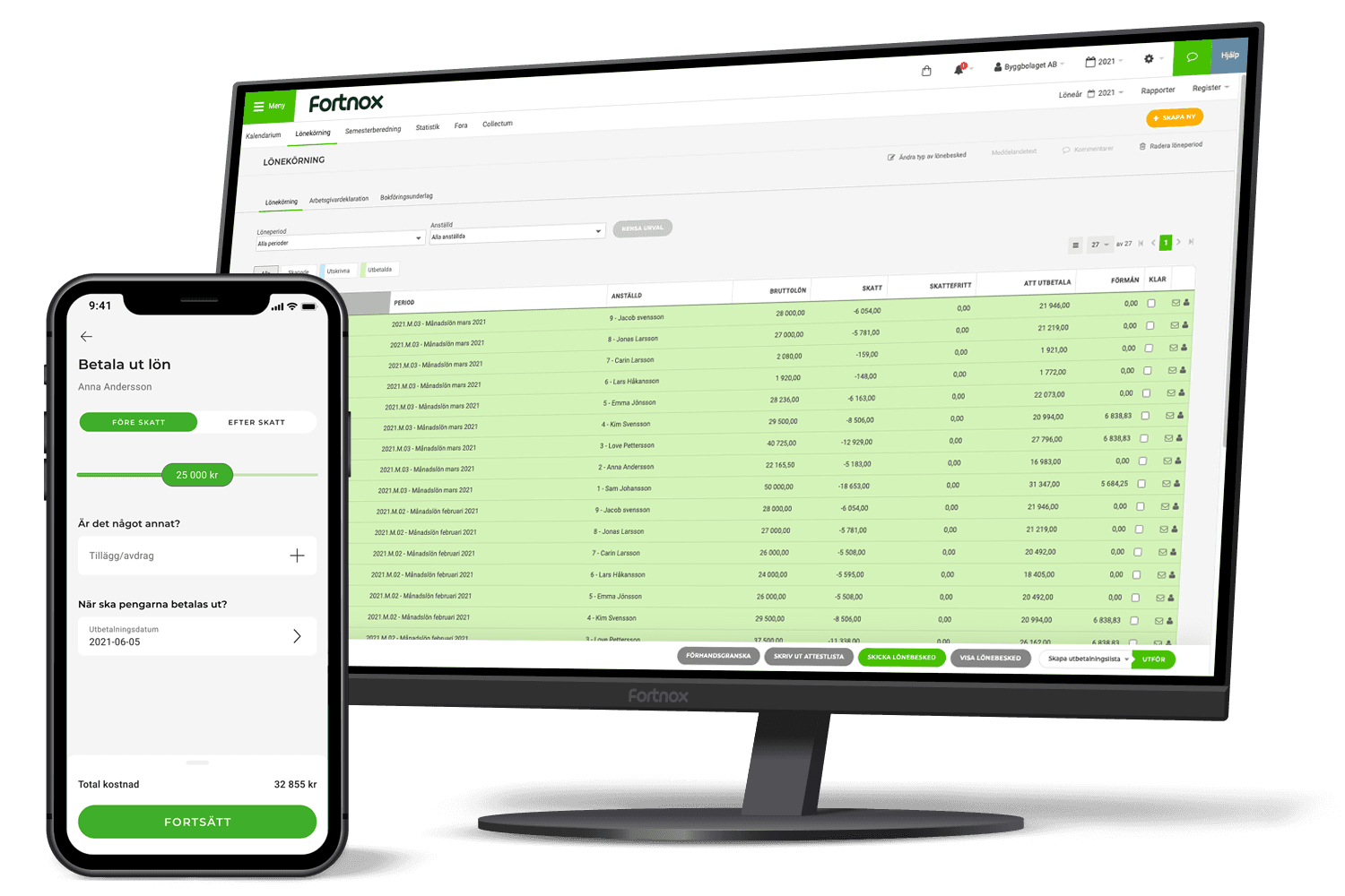 Bild på dator och mobiltelefon med Fortnox löneprogram