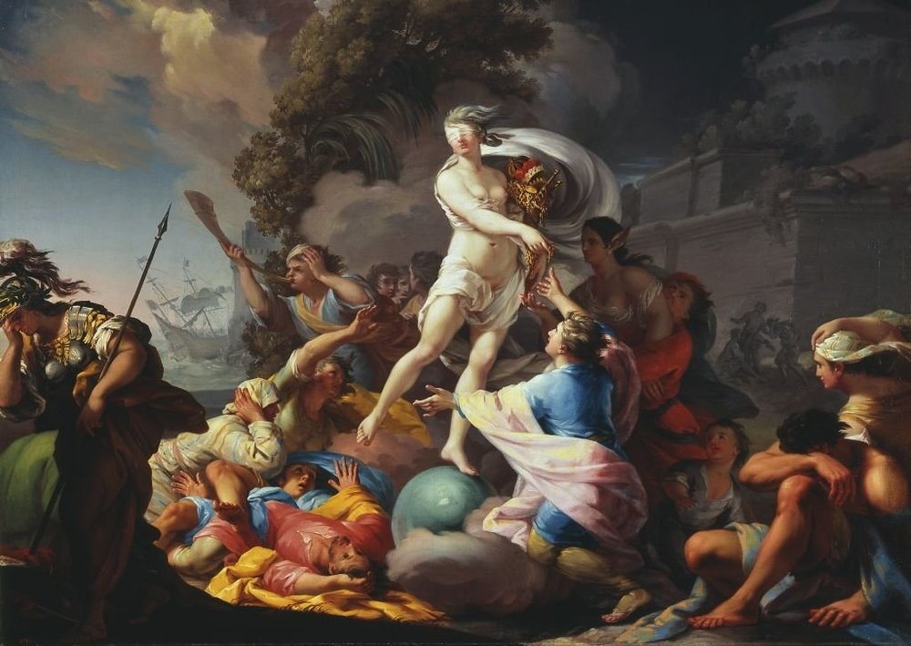 This artwork, painted by the esteemed Polish artist Kuntz Konicz in 1754, portrays the Roman Goddess Fortuna and depicts her holding a cornucopia while standing amongst the chaos. 