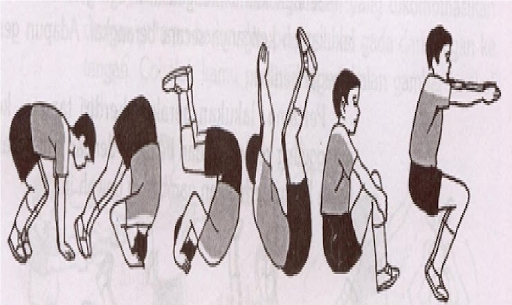 Menggelundung ke belakang posisi badan tetap harus membulat yaitu kaki dilipat lutut tetap melekat