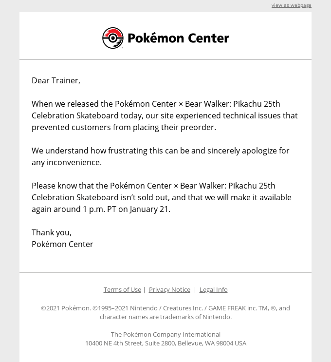 Pokémon Center Email