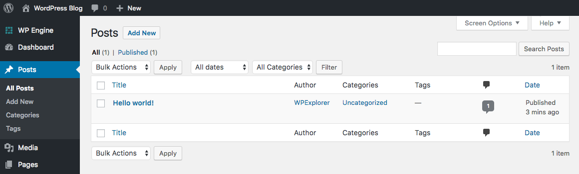 Resultado da redefinição do banco de dados WordPress