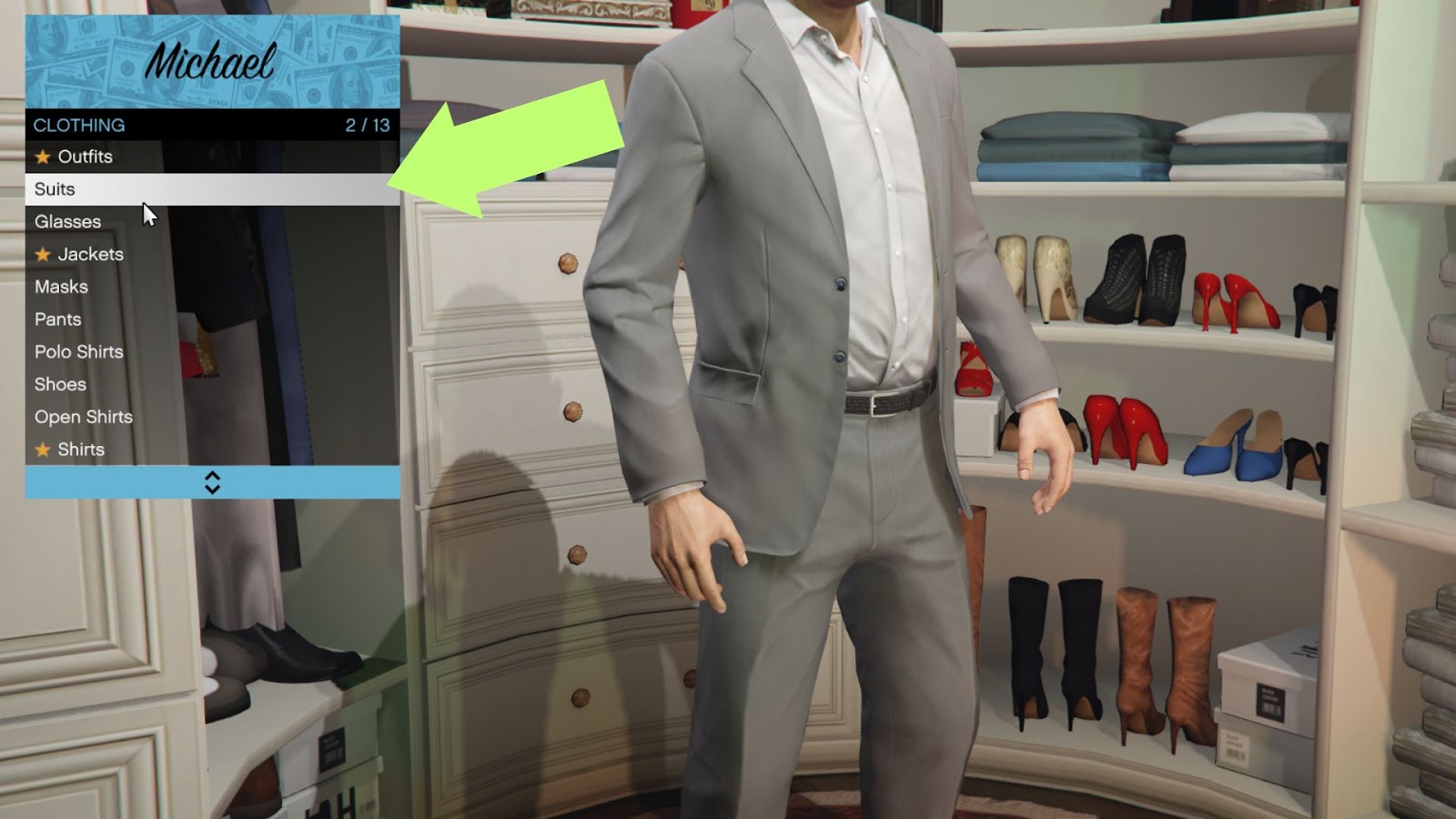 Pick suits from Michael's wardrobe to get a Smart Outfit in GTA V. 