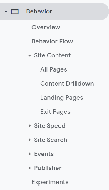 screenshot of Google Analytics behavior menu