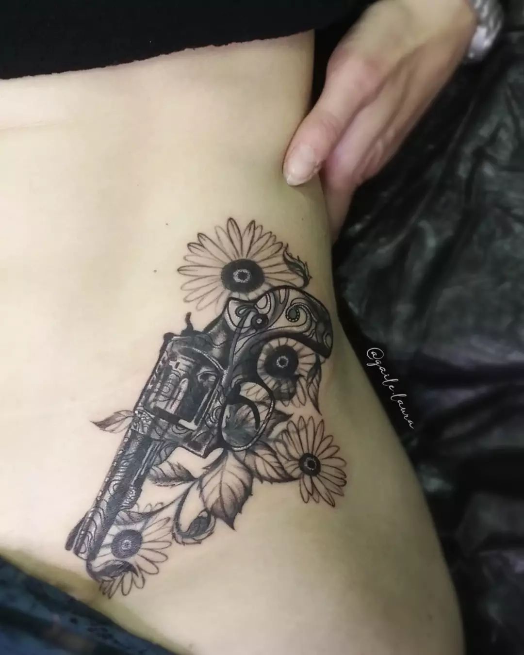 Wonderful Gun And Leaf Tattoo