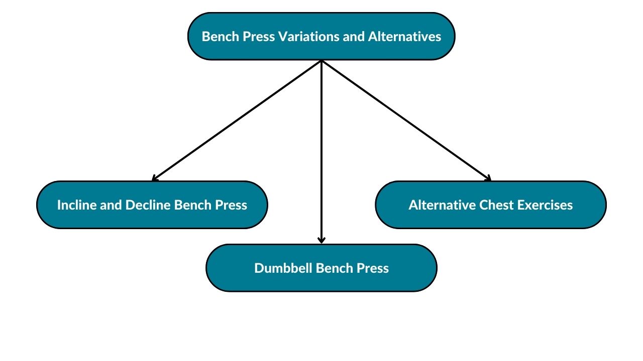 The image showcases different bench press variations and alternatives. These include incline and decline bench presses, dumbbell bench press, and alternative chest exercises.