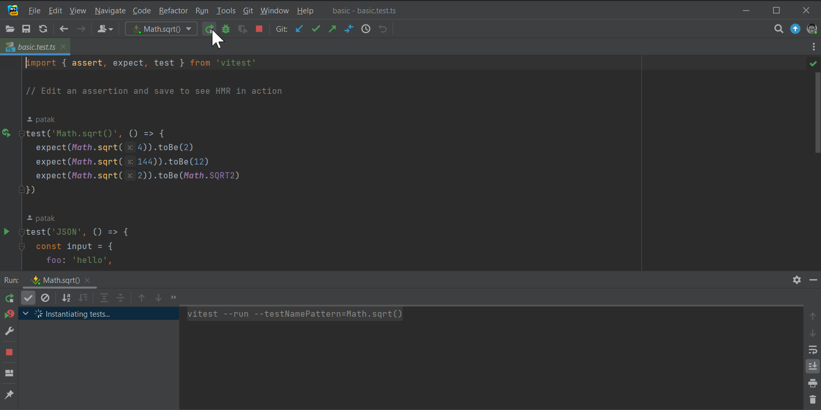 Running Vitest tests from WebStorm using the various run options
