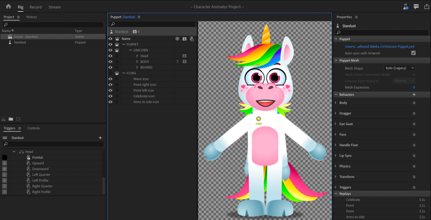 Adobe Character Animator dashboard