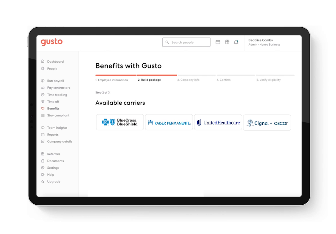 Gusto helps HR teams quickly build the best benefits packages to match their needs.