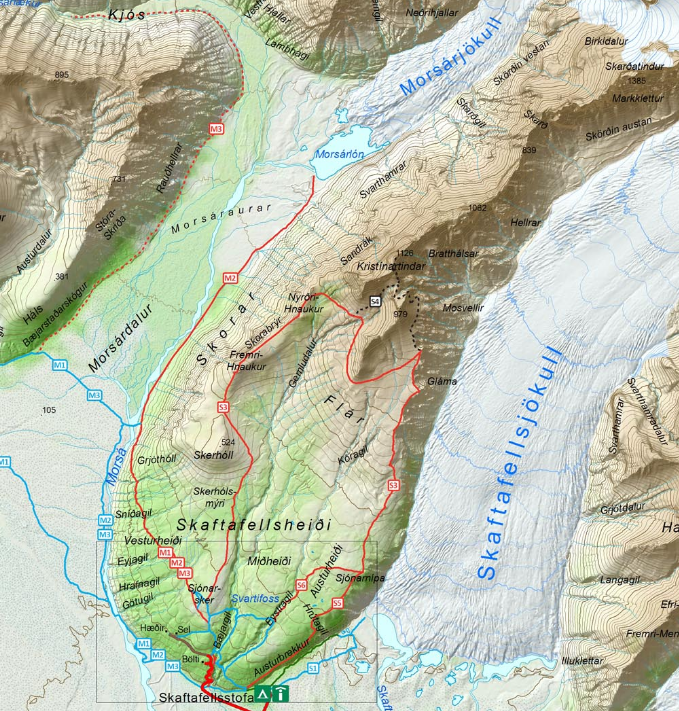 Map of hiking trails in Skaftafell National Park, Iceland. 