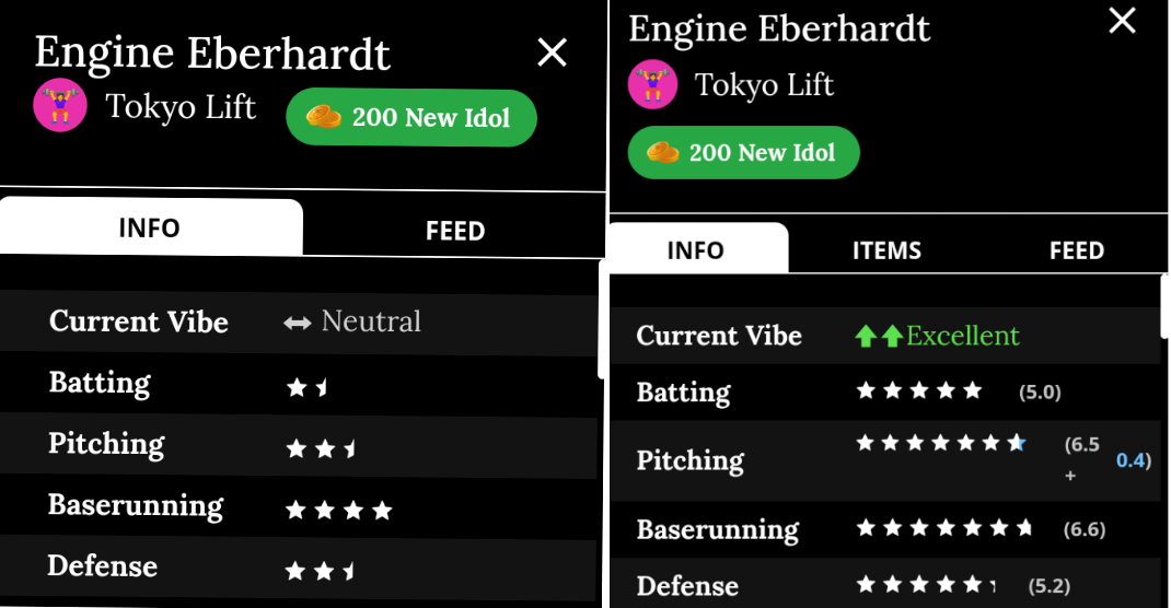 ID: a before and after image of Engine's stats. 
