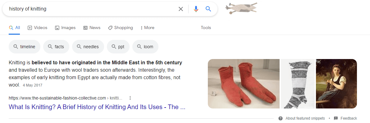 The keyword 'history of knitting' searched on Google.