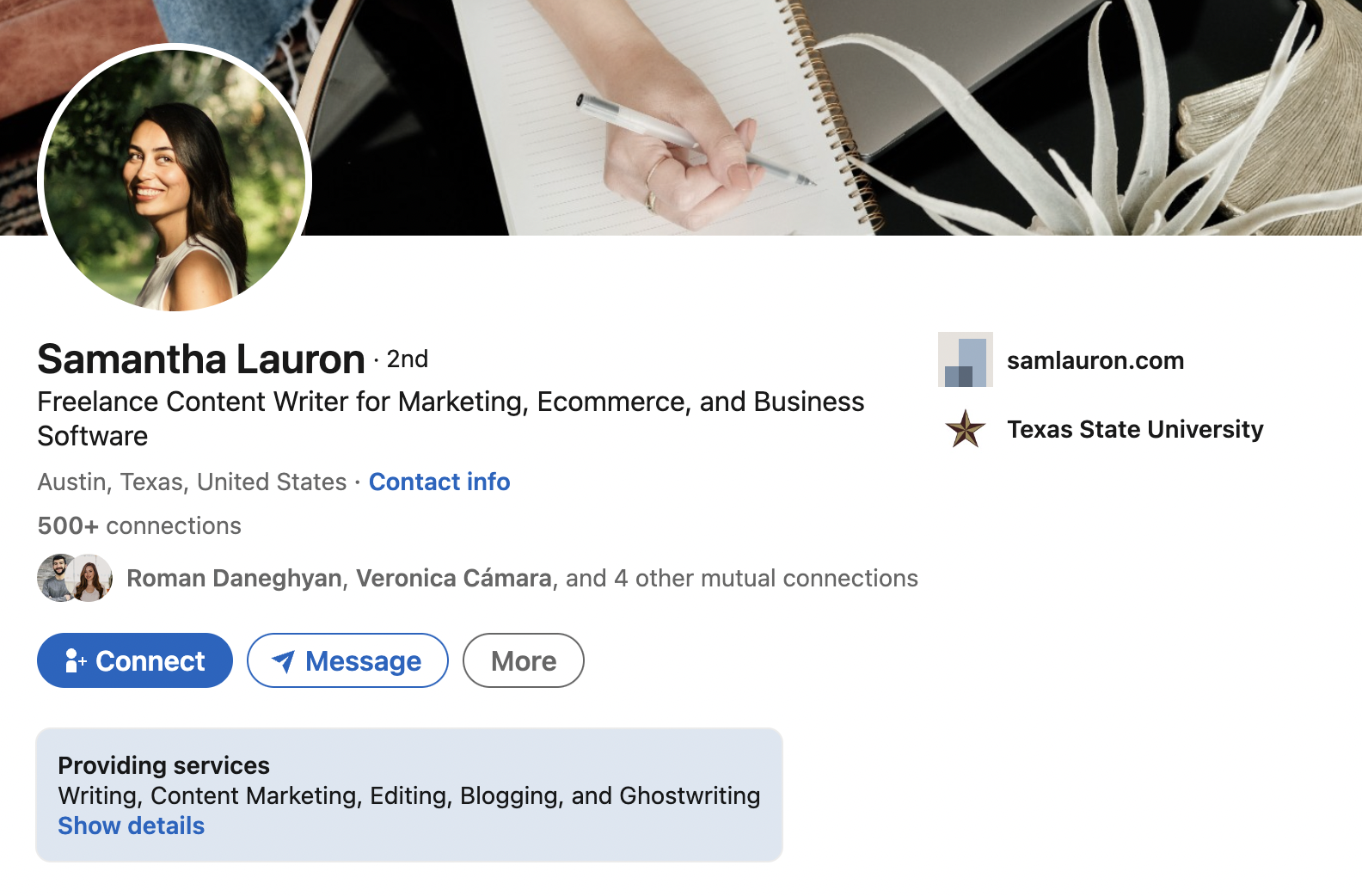 Perfil do LinkedIn de um escritor freelance