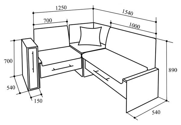 Чертеж углового дивана с размерами