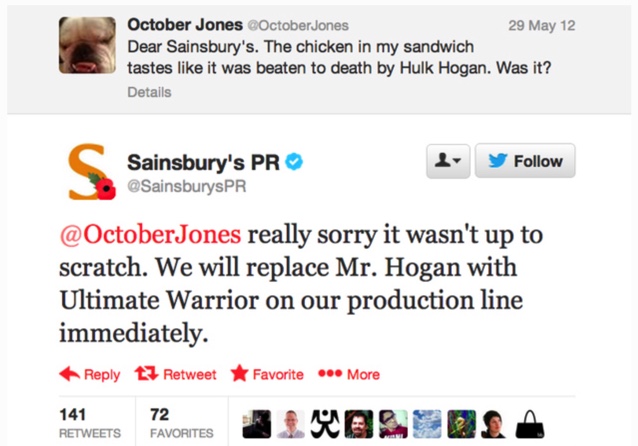 Tweet from Sainbury's PR in response to a tweet from a man saying his 'chicken tastes like it was beaten to death by Hulk Hogan'.