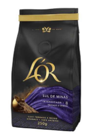 Café em pó Sul de Minas Pouch L'or, embalagem preta com detalhes em roxo azulado