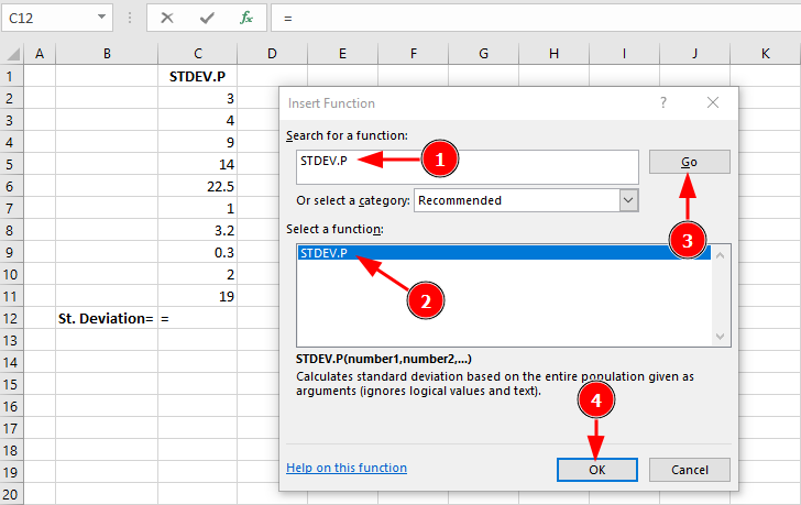 Find STDEV.P formula in Excel. Source: uedufy.com