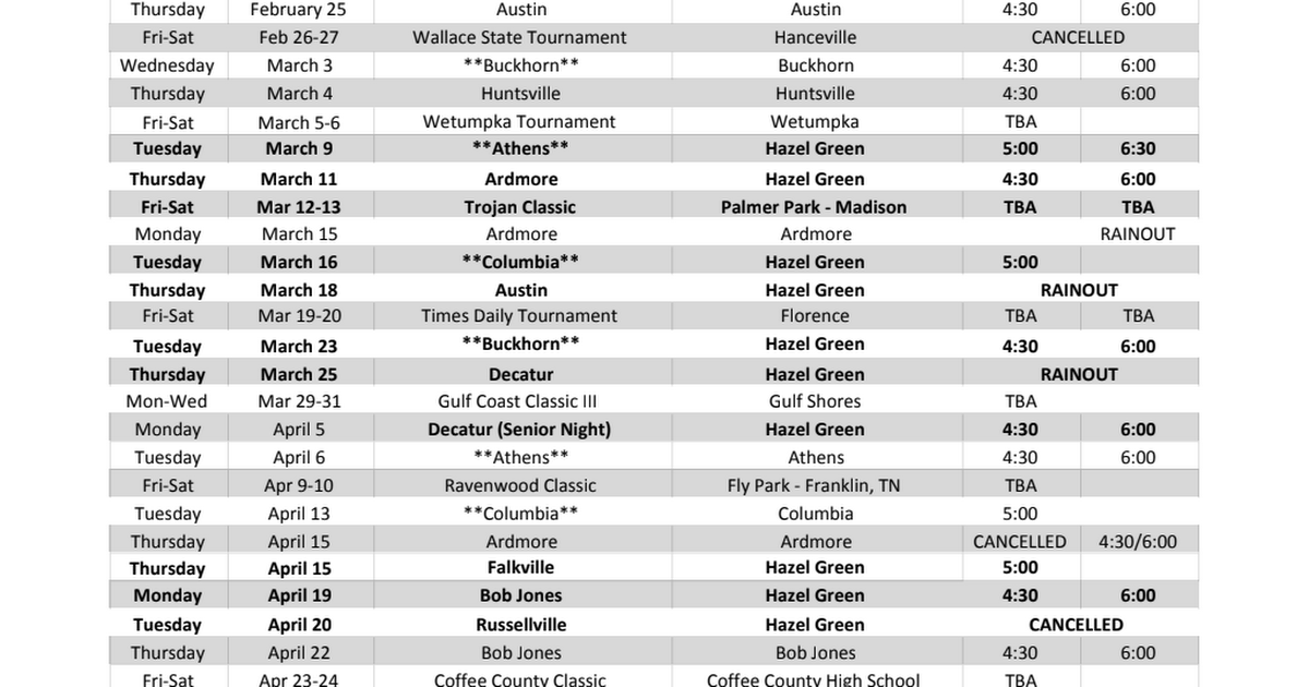 2021 HGHS Softball Schedule