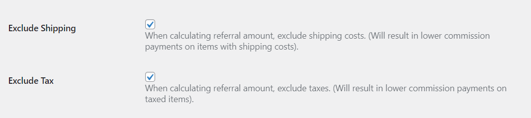 The shipping and tax commission calculation options in the Solid Affiliate dashboard. 