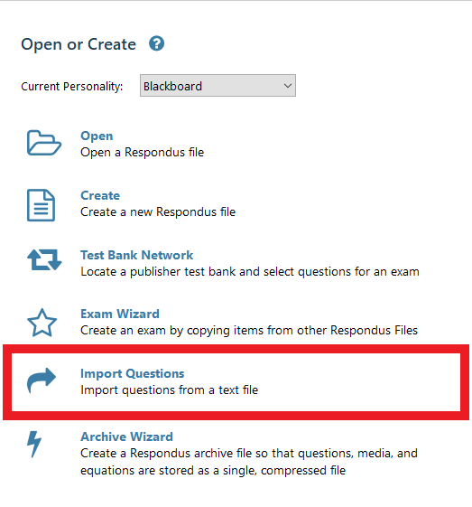 Screenshot of Respondus main menu with import questions highlighted