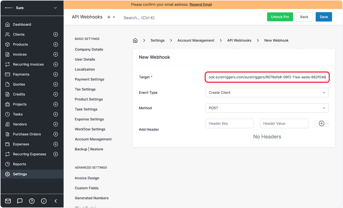 Copy the webhook URL & paste it under the Target URL Field.