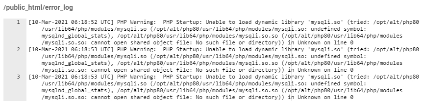 Captura de tela do arquivo error_log com registros de erros PHP identificados no site