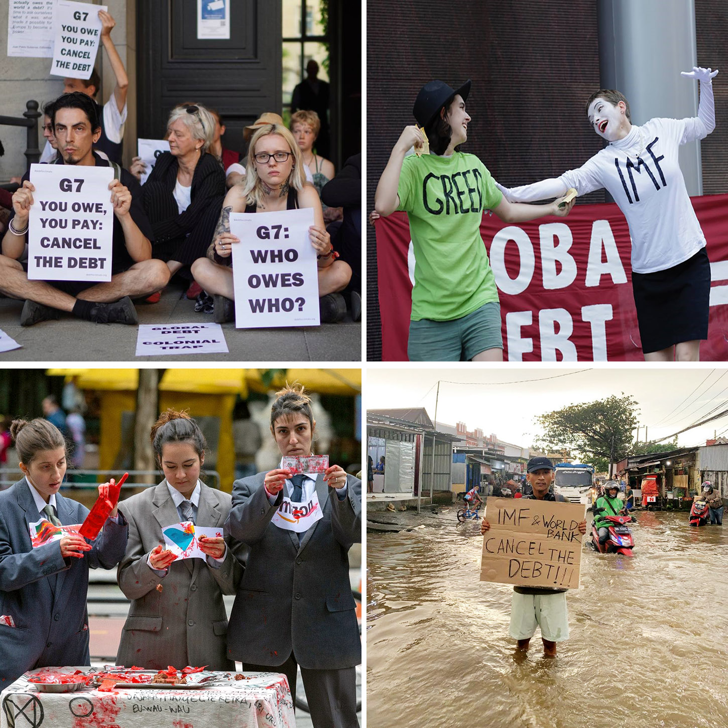 Debt For Climate Action Montage: German activists kneel outside their finance ministry, American activists stage a play featuring the IMF and Greed, an Indonesian rebel stands in floodwater, Brazilian rebels play with blood money in the street