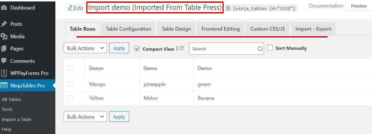 how to create a WordPress table with imported files