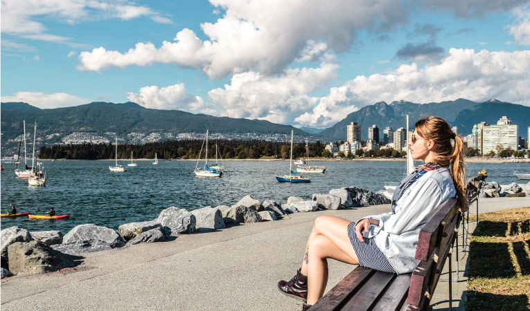 A woman is sitting on a bench at Kitsilano Beach in Vancouver, BC.