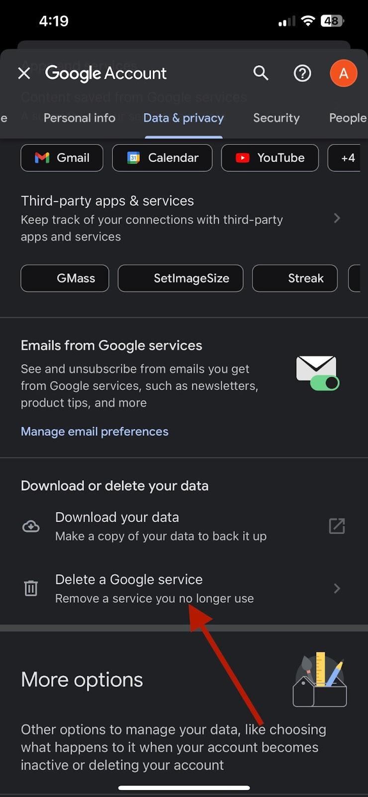 Option to delete a Google service from the Google app