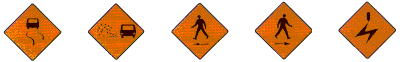 Warning Signs slippery road, loose chippings, pedestrian