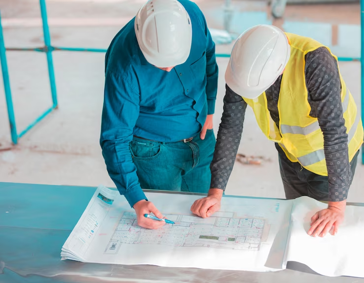 Two engineers collaborating on a project, discussing plans and ideas.