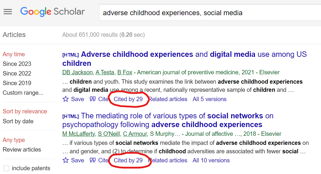 Google Scholar screenshot showing search results for adverse childhood experiences, social media. 2 search results are shown, with Cited by 29 for each result circled in red.