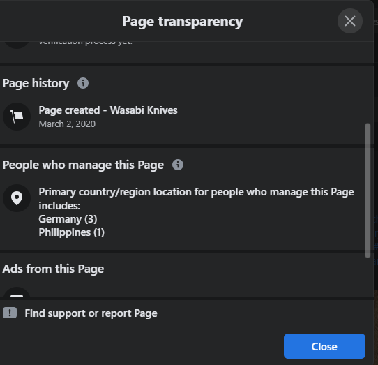 Facebook page transparency 