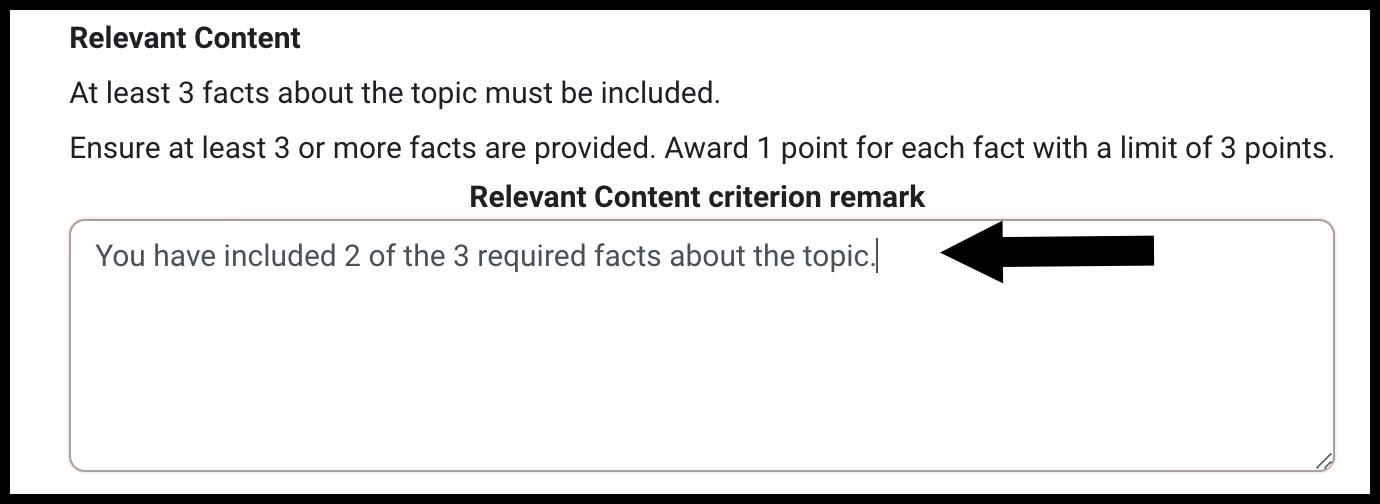 One criterion in a grading guide is represented with the description for students, description for graders, and a feedback box to leave customized comments.